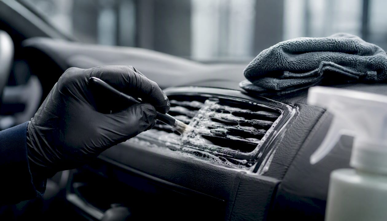 Met de hand schuimreiniger op de luchtroosters van de auto spuiten.