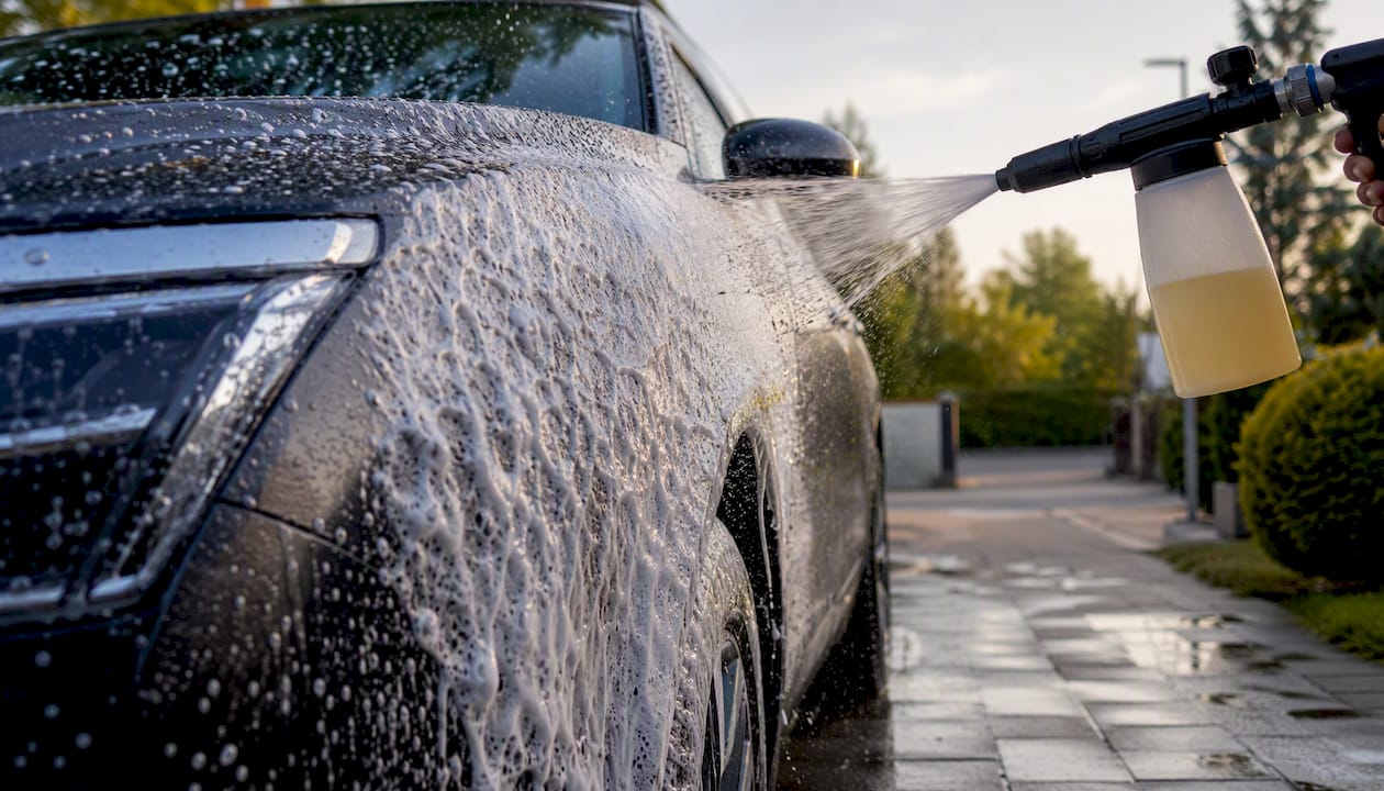 Autodeur volledig bedekt met schuim uit de foam lance