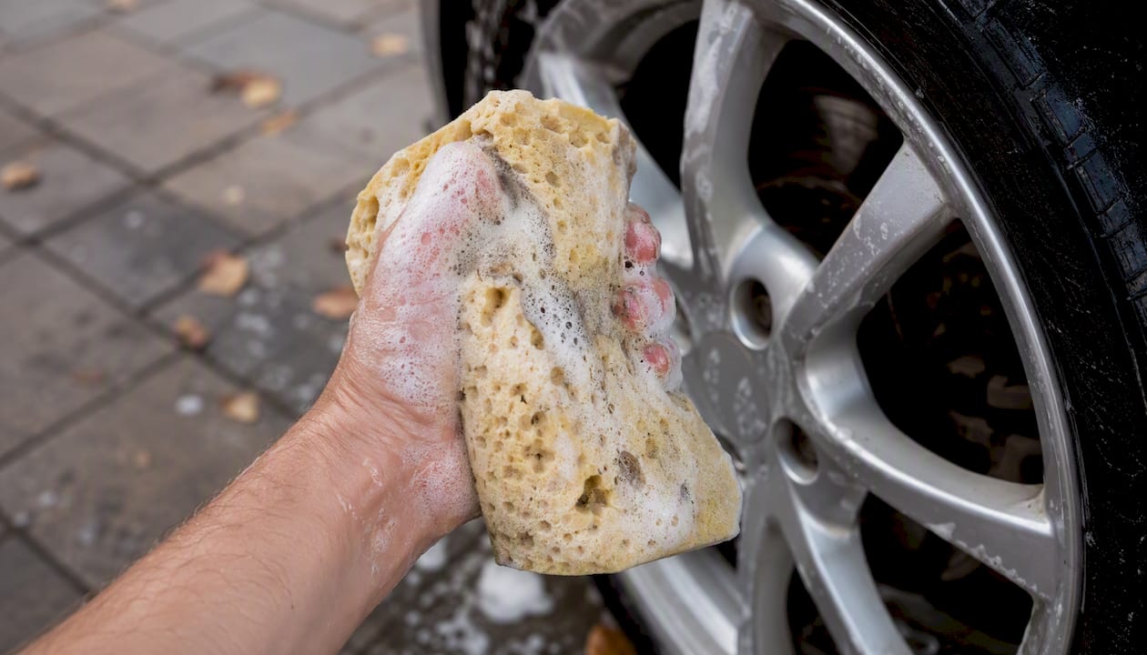 Met een spons wordt hardnekkig vuil uit de wielkast van de auto geschrobd.