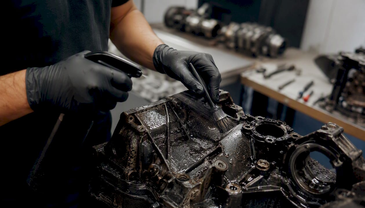 Met handschoenen aan wordt er ontvetter op een motoronderdeel gespoten.