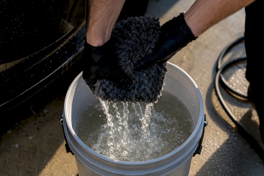 Washandschoen wordt afgespoeld tijdens het autowassen