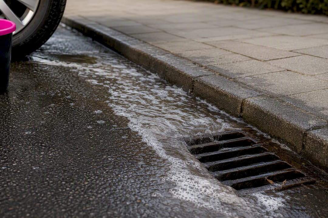 Waswater loopt weg richting de straatkolk