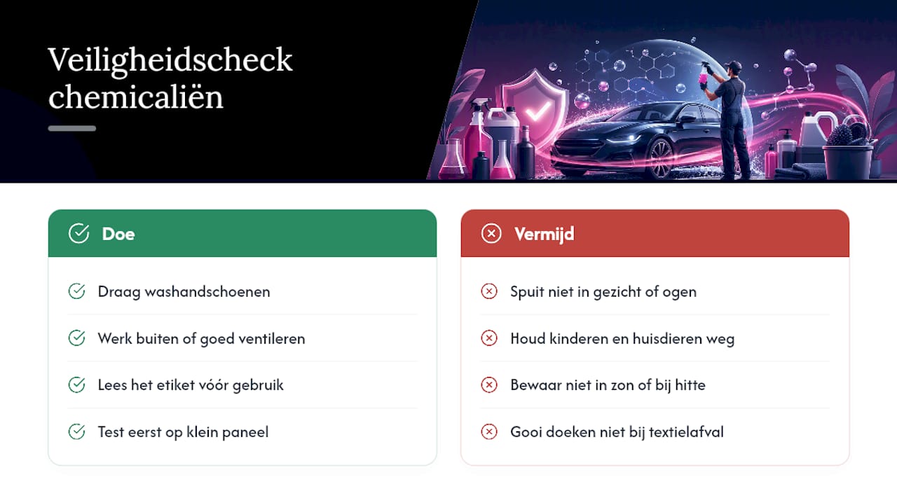 Veiligheidstips bij het gebruik van chemicaliën voor waterloos wassen — overview diagram