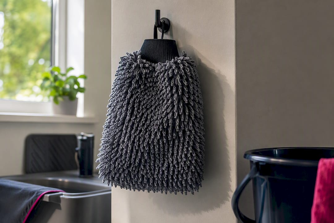 Schone microvezel washandschoen hangt te drogen