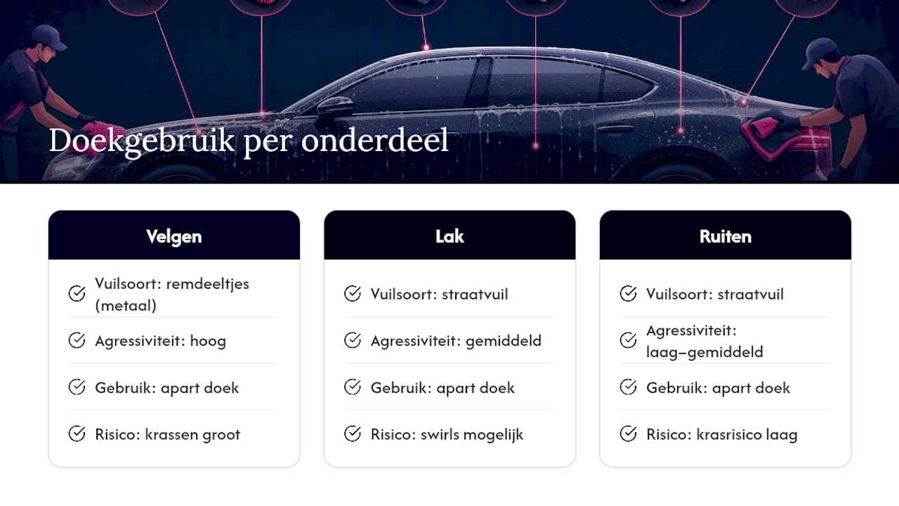 Gebruik aparte doeken voor velgen, lak en ramen