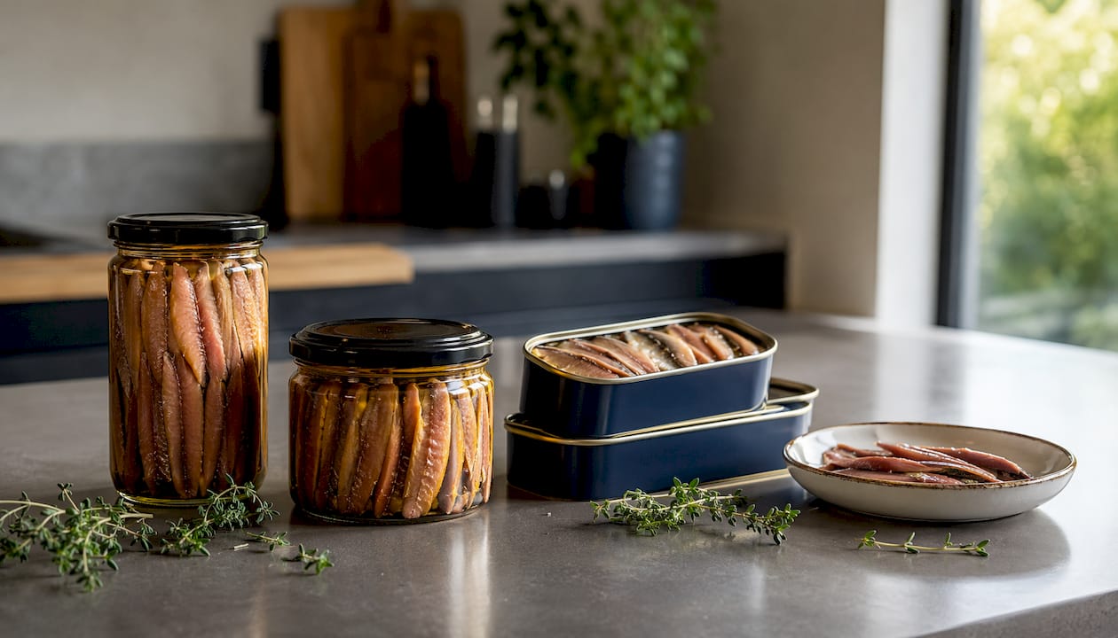 Different types of anchovies on kitchen table