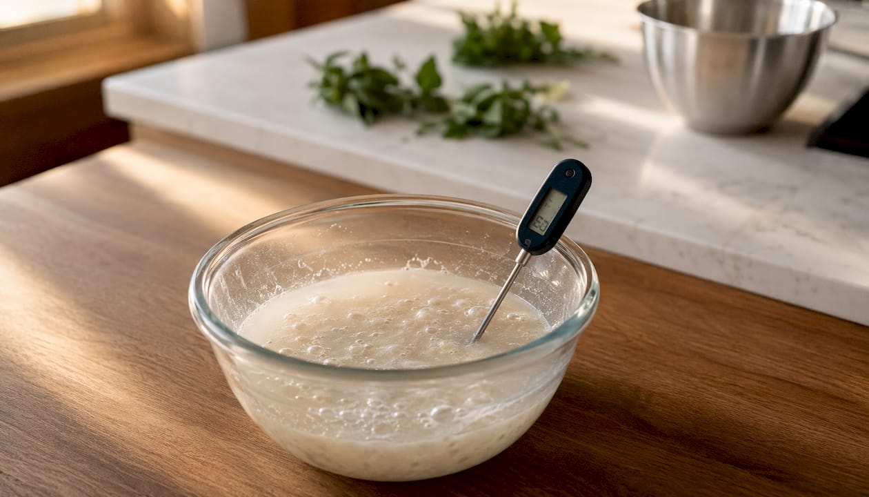 Thermometer measuring pizza dough water temperature