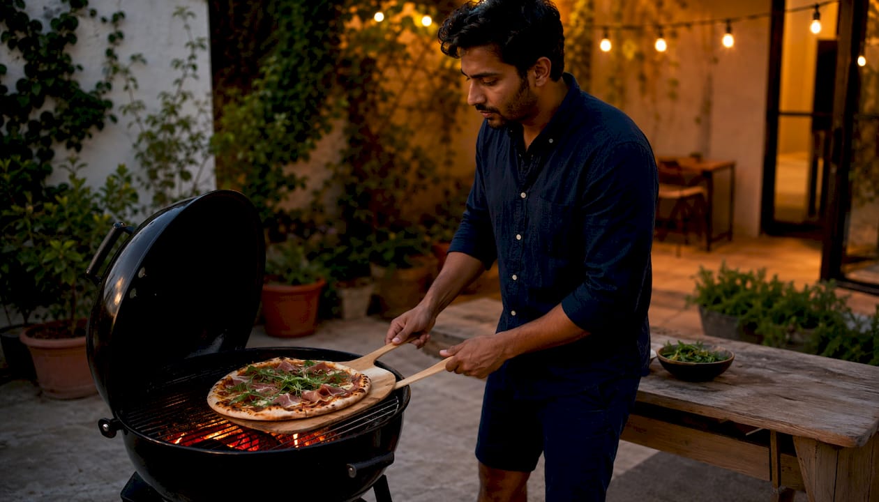 Man grilling prosciutto pizza outdoors