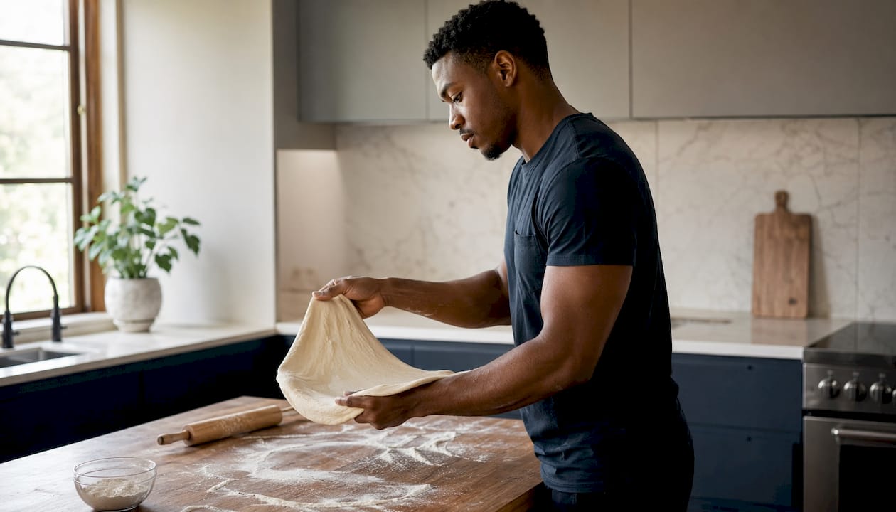 Hands stretching fresh refrigerated pizza dough