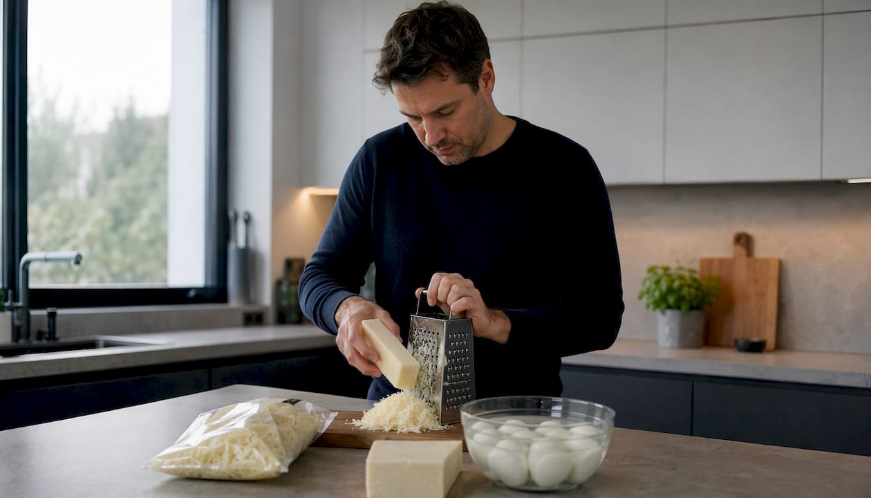 Home cook shredding mozzarella block at kitchen island