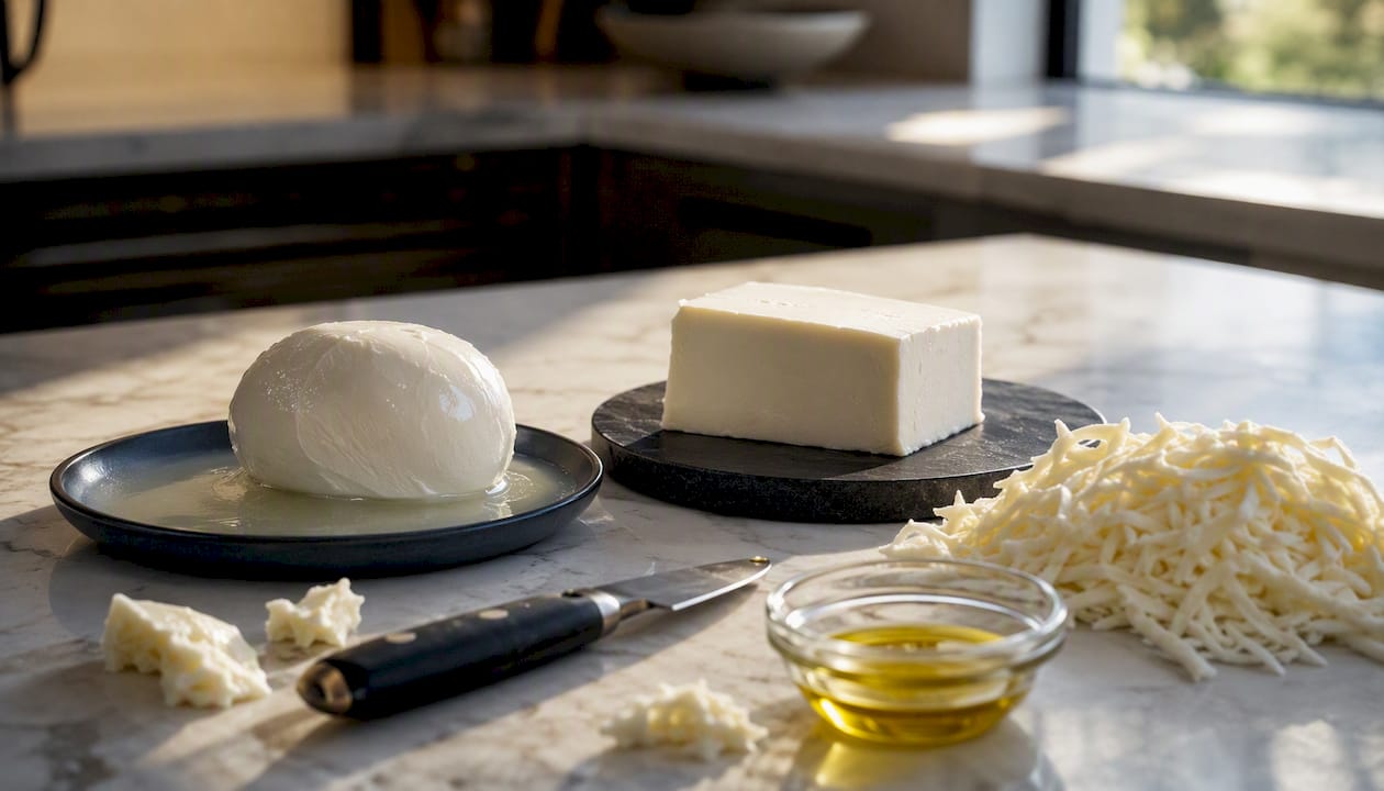 Various mozzarella cheeses showing moisture differences