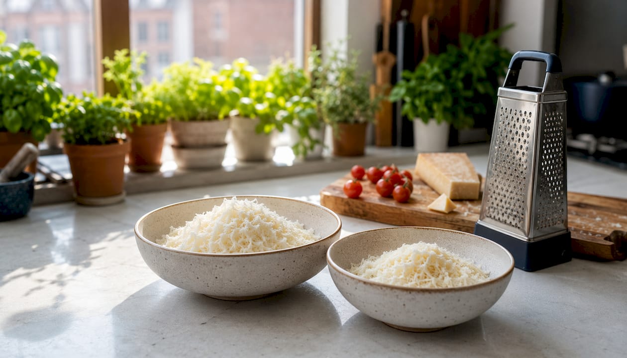 Close-up of grated Parmesan and Pecorino cheeses