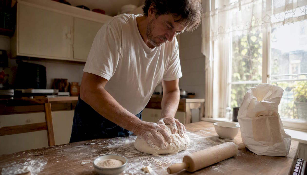 Man kneading pizza dough in kitchen