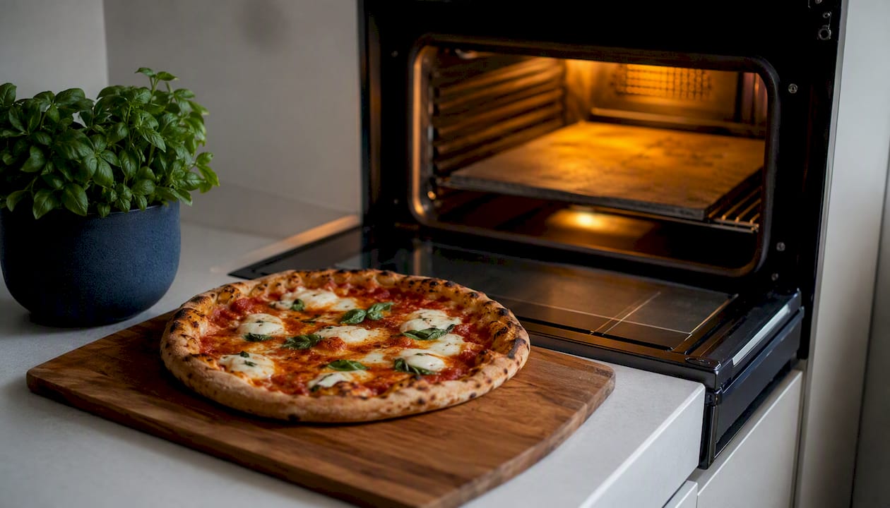 Whole wood-fired pizza reheating inside oven