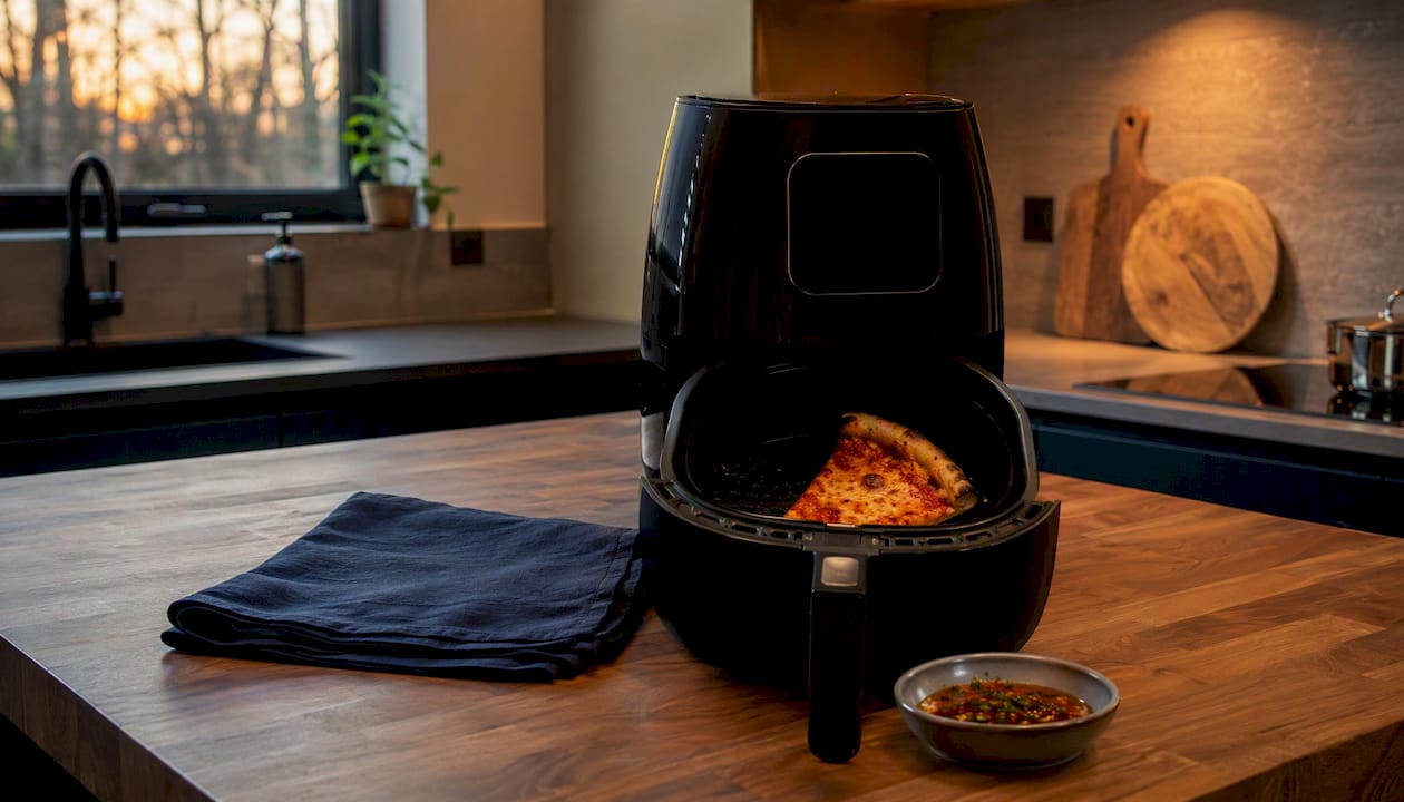 Single wood-fired pizza slice inside air fryer basket