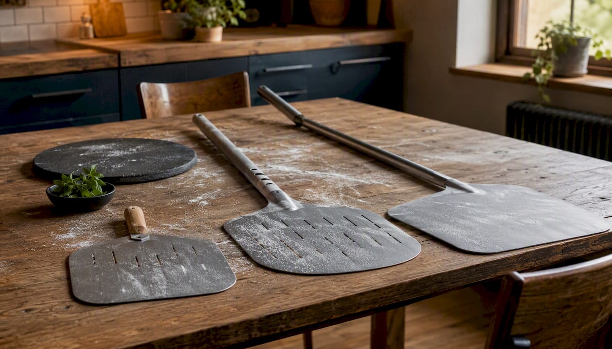 Three pizza peels with different handle lengths overhead