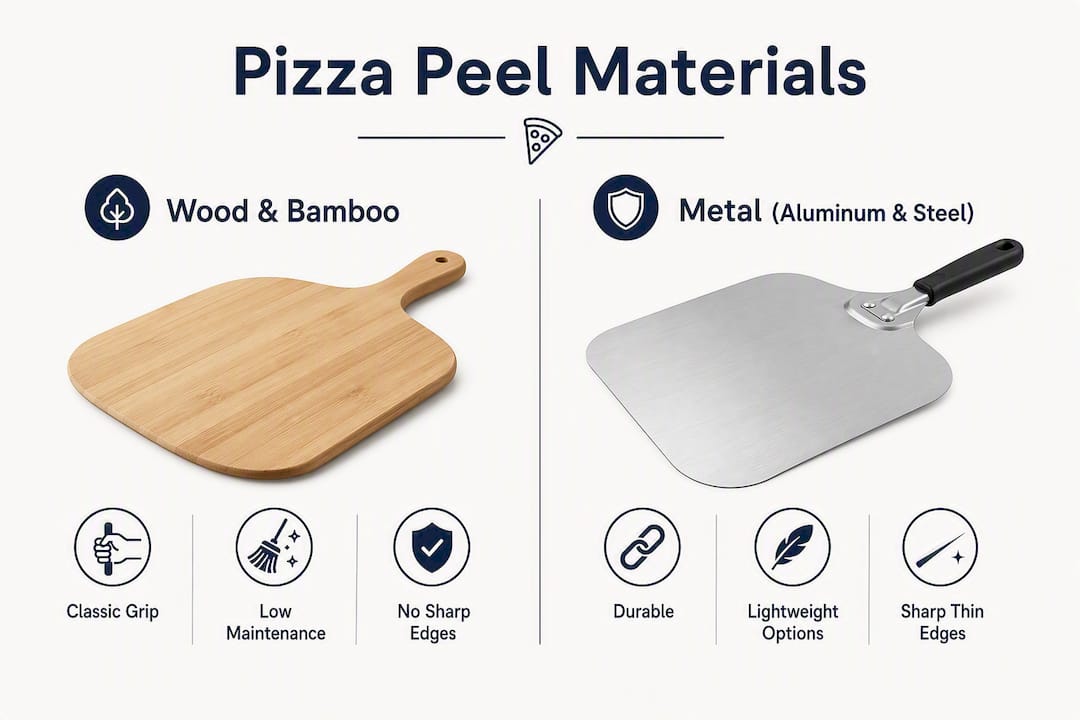 Infographic comparing pizza peel materials and features