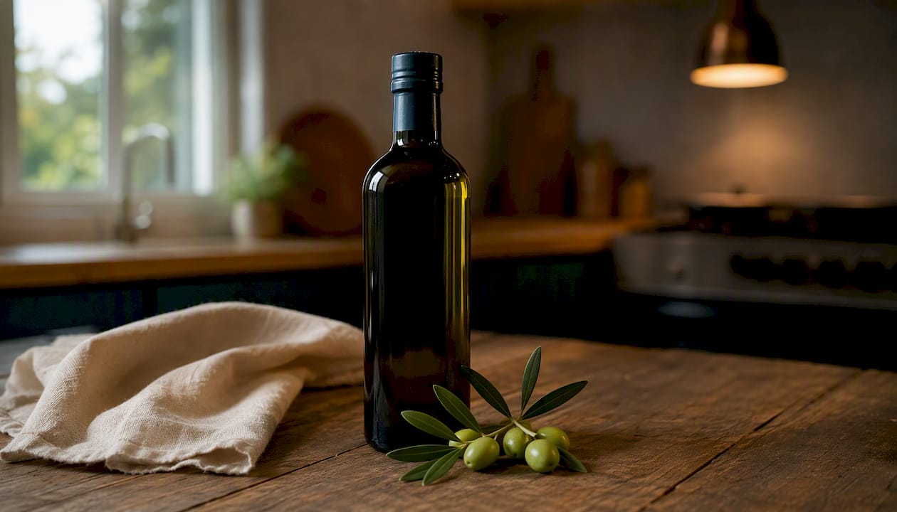 Close-up of extra virgin olive oil bottle with olives
