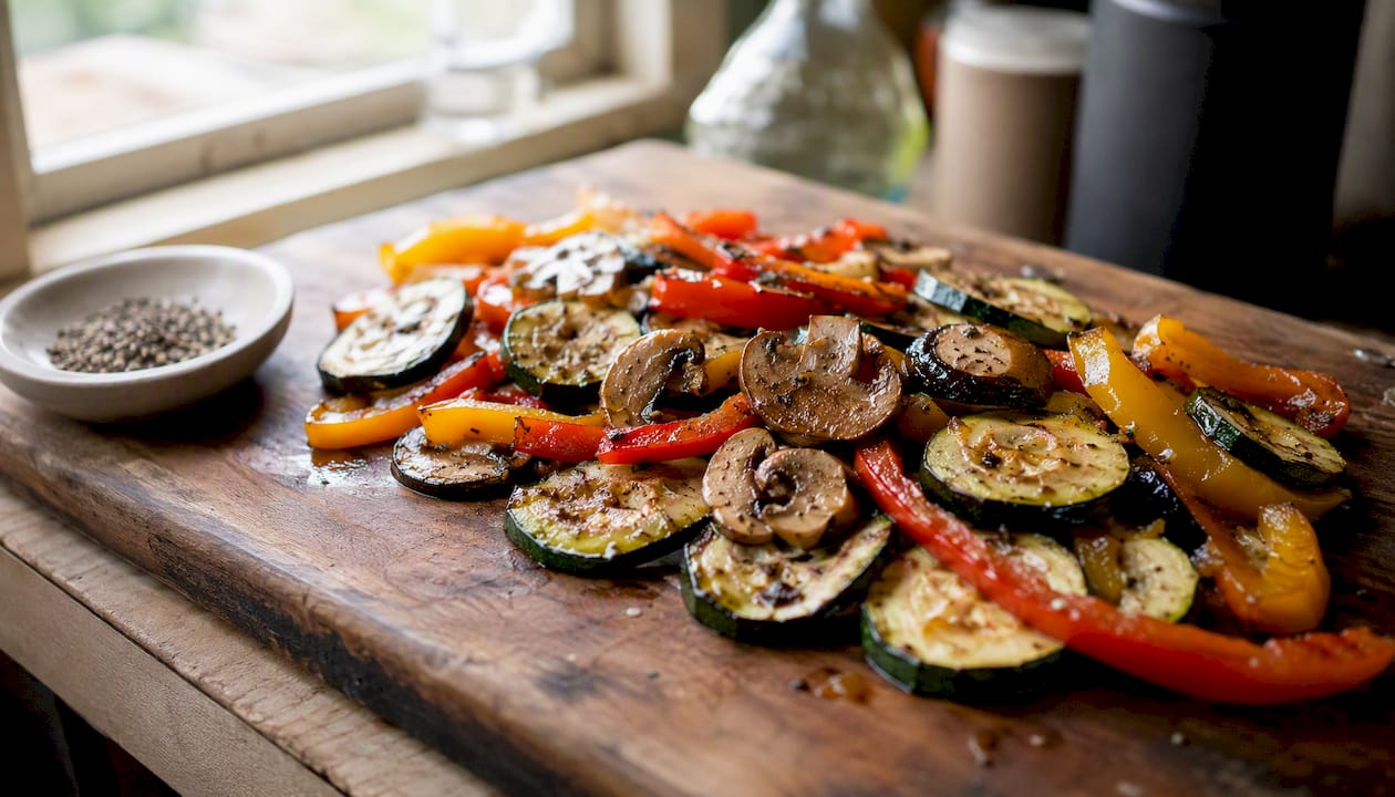 Roasted vegetables on baking sheet