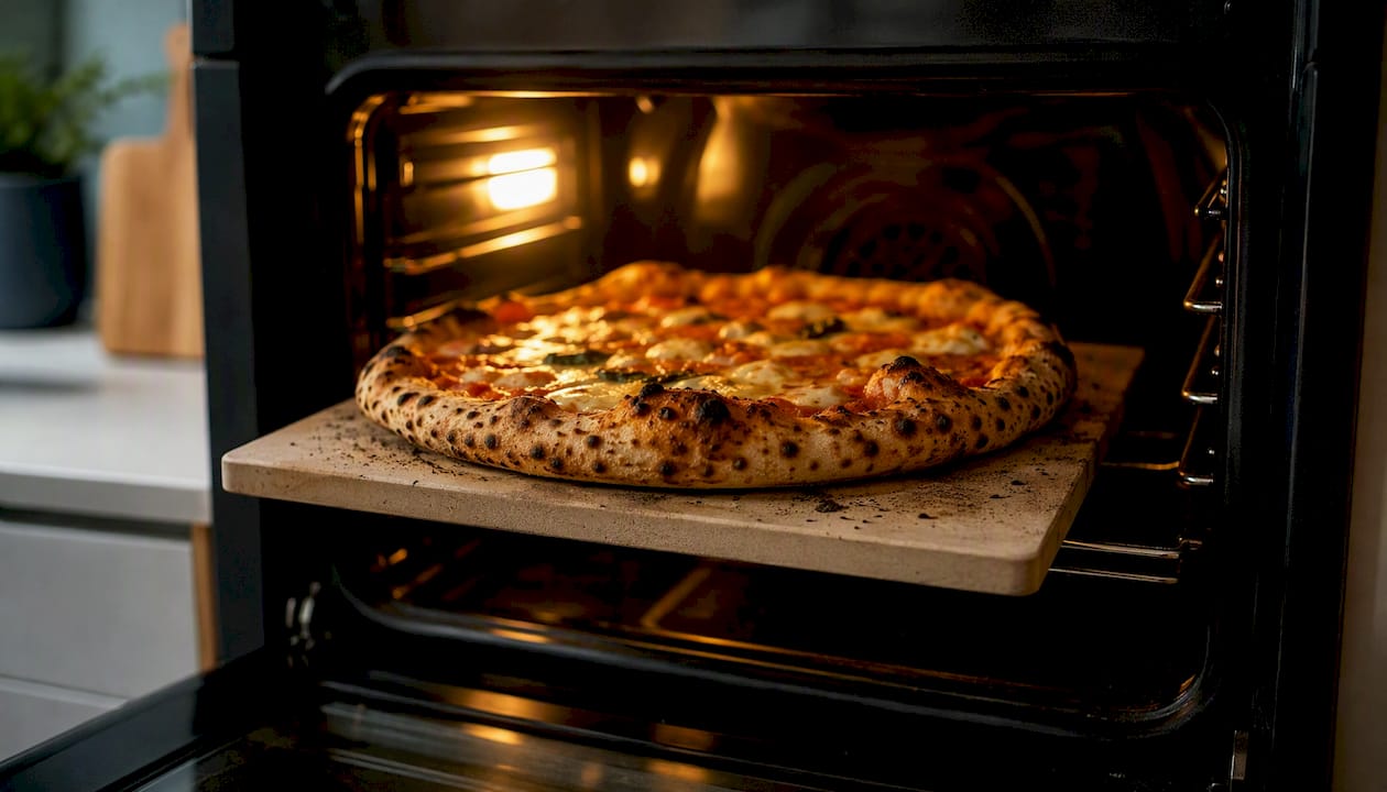 Neapolitan pizza baking on stone in oven