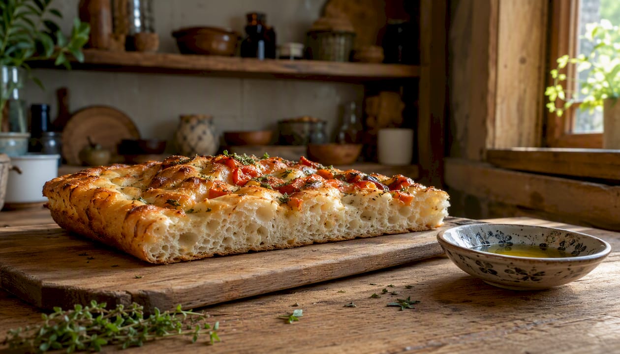 Slice of soft focaccia-style pizza crust