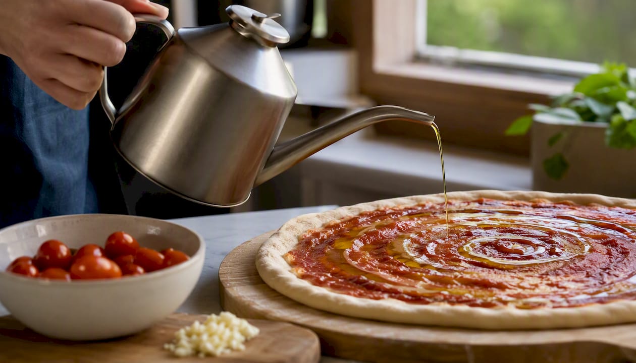 Spouted oil can applying spiral drizzle on pizza crust