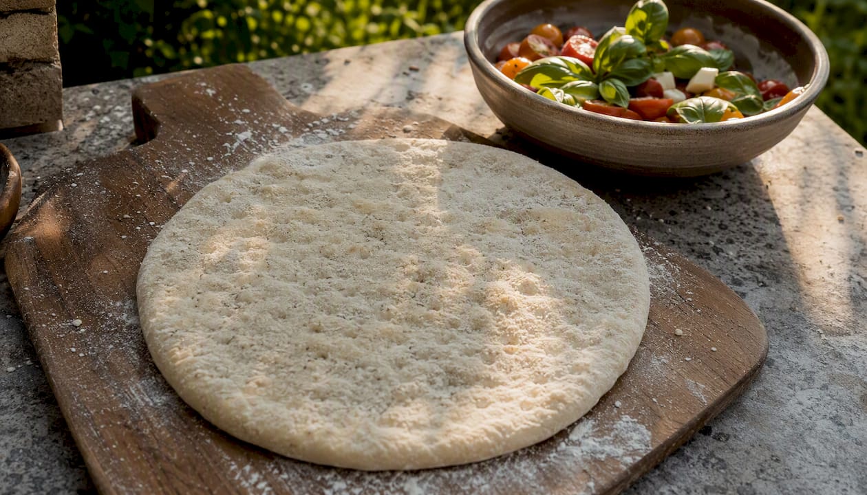Frozen par baked pizza crust on cooling rack