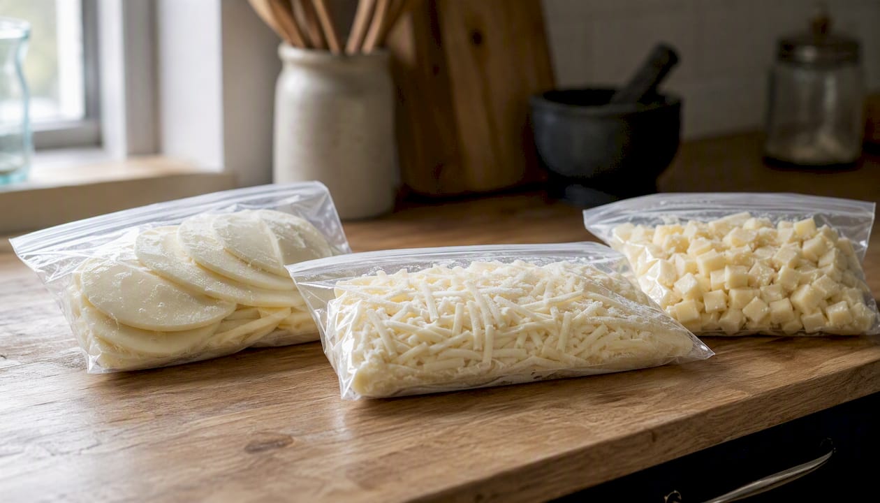 Different forms of frozen mozzarella on countertop