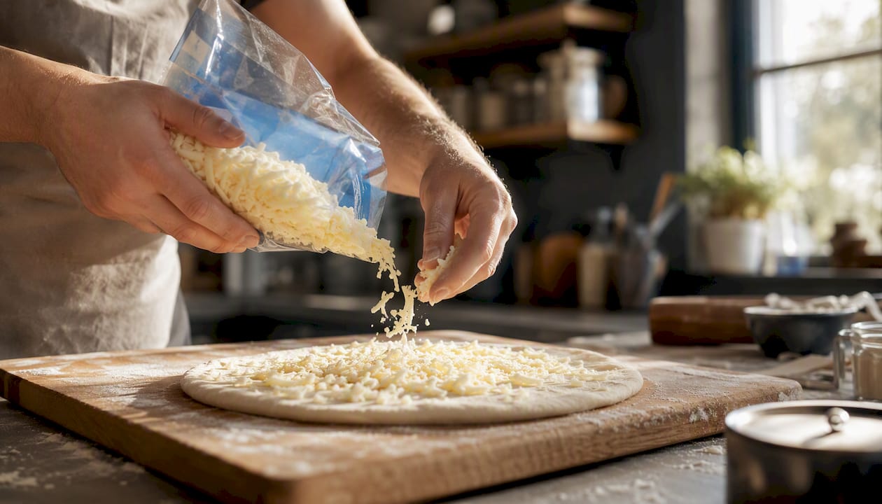 Sprinkling frozen shredded mozzarella on pizza dough
