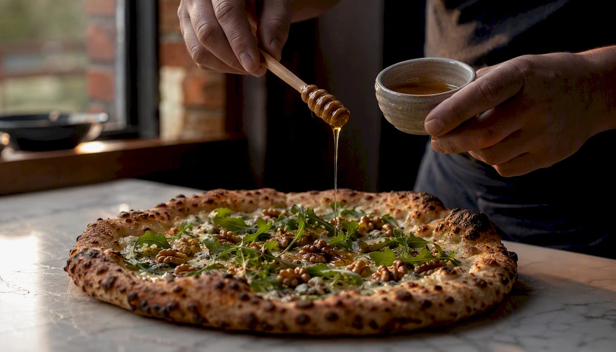 Hand drizzling honey on gorgonzola pizza with walnuts