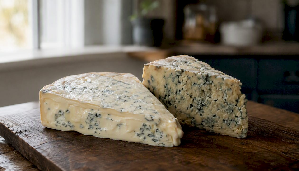Two types of gorgonzola cheese wedges side by side