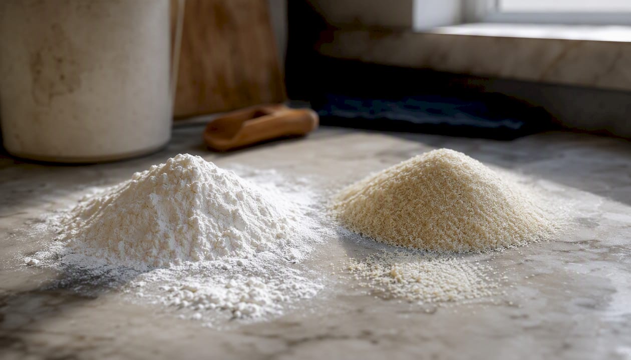 Close-up of 00 flour and semolina texture contrast