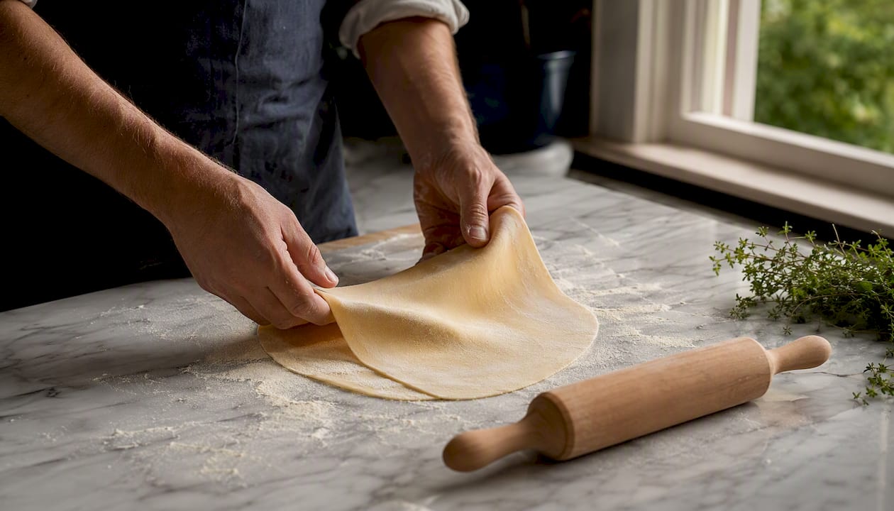 Hands rolling pasta dough on wooden board