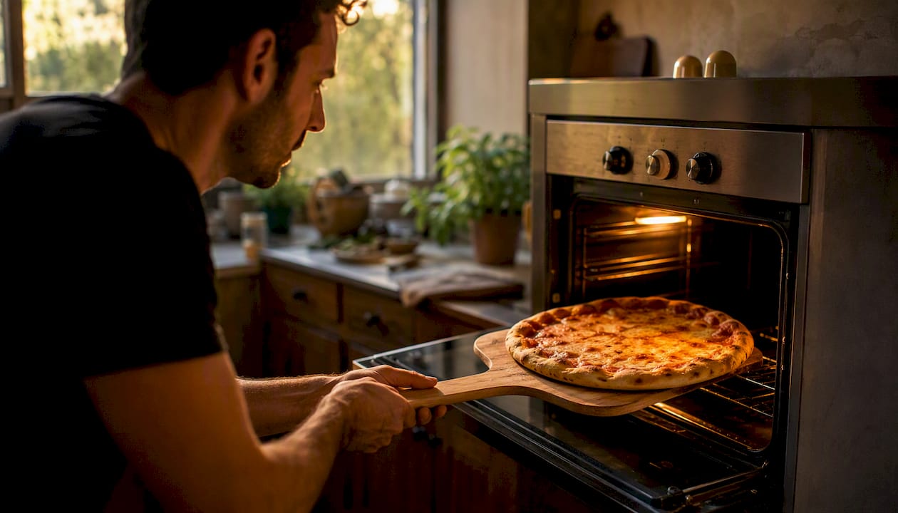 Hands rotating pizza in hot oven spot