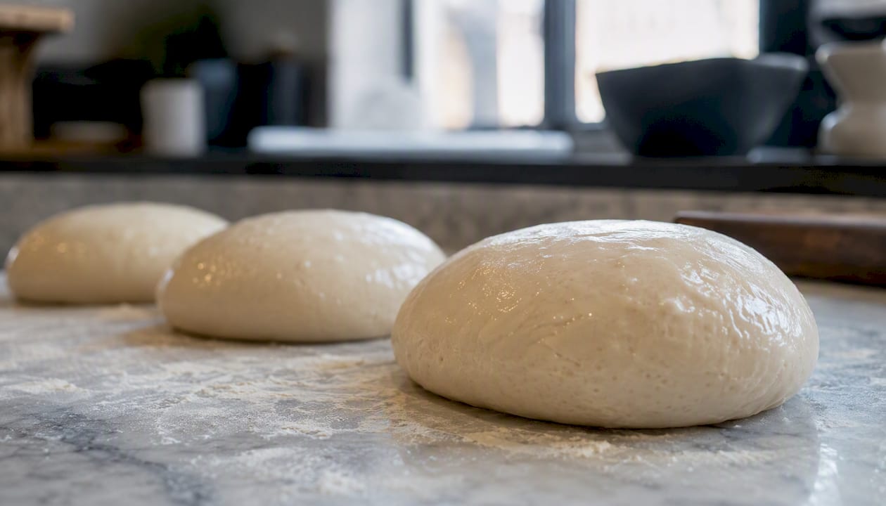 Fresh Neapolitan pizza dough balls on wooden board