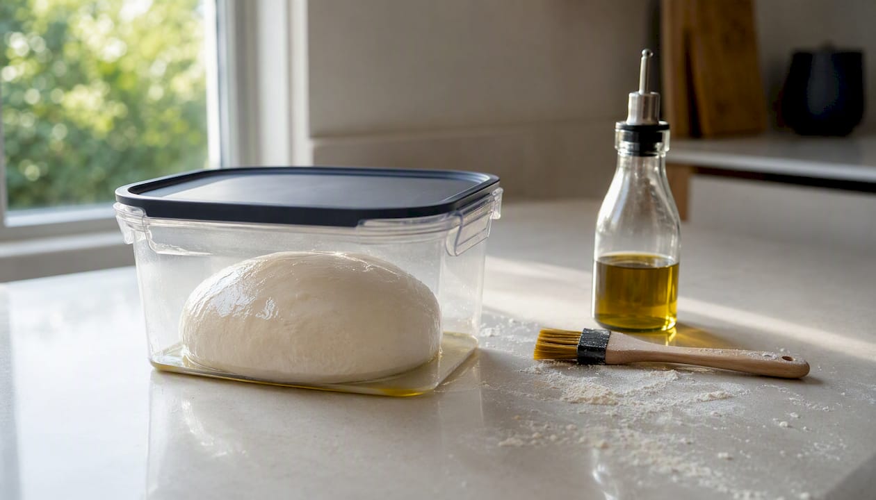 Pizza dough ball in airtight container with olive oil