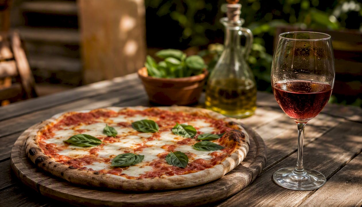 Margherita pizza with chilled red wine glass