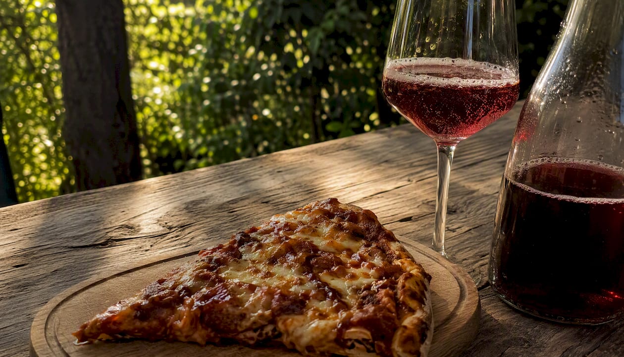 BBQ pizza slice with sparkling off-dry wine