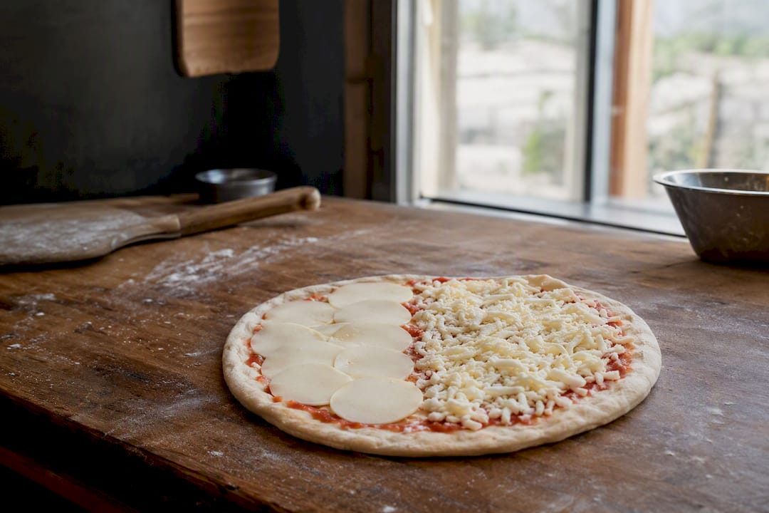 Pizza with sliced provolone and shredded mozzarella cheeses