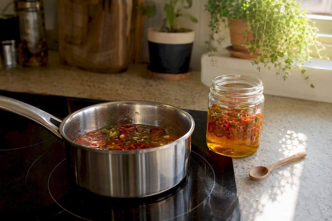 Fresh chili slices infusing in honey in saucepan