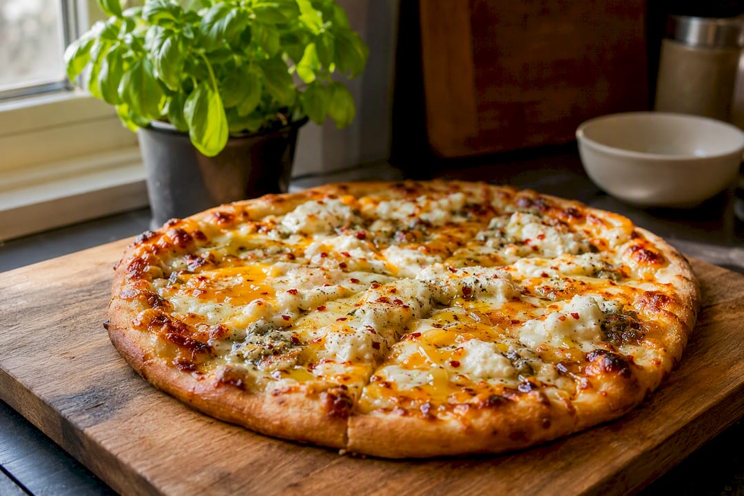 Pizza slices with different cheeses and hot honey drizzle