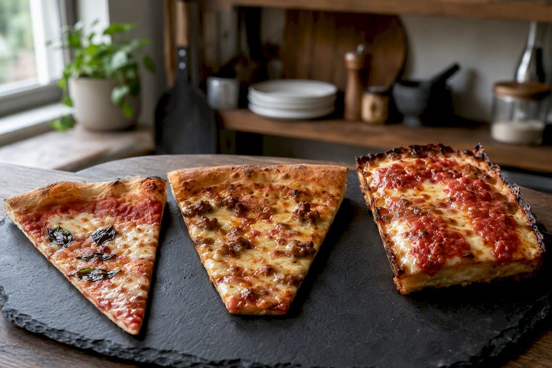 Assorted pizza slices of varying crust thickness