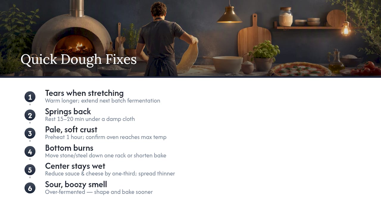 Diagram of common pizza dough problems and their fixes