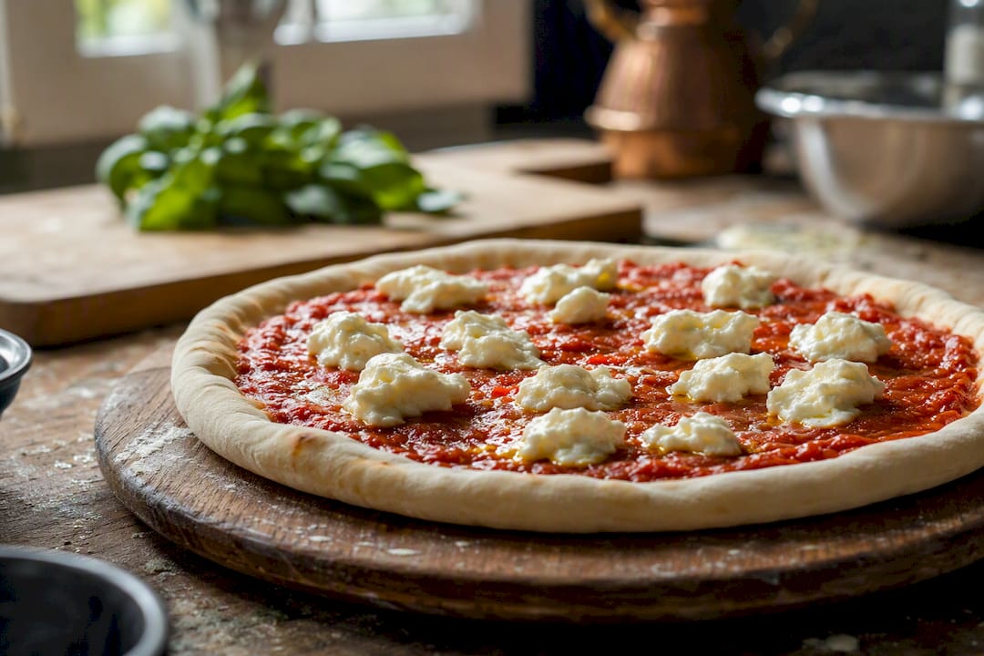 Pizza with measured sauce and mozzarella toppings