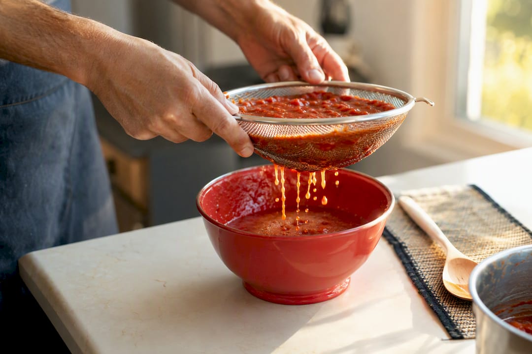 Straining watery pizza sauce to reduce sogginess