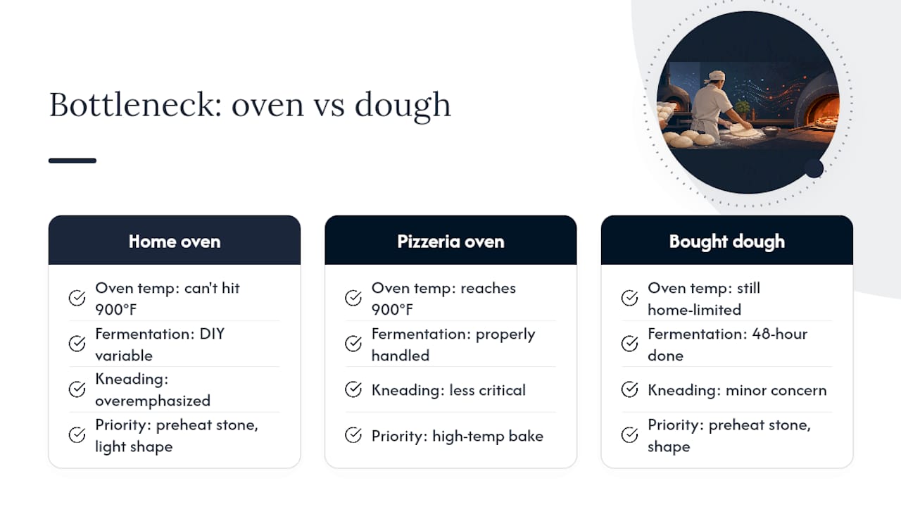 Comparison diagram of home vs professional pizza baking factors
