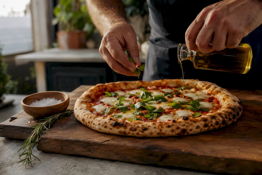 Fresh basil and olive oil finishing pizza