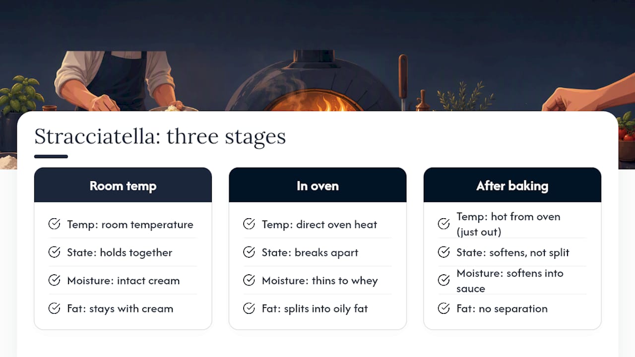 Diagram showing stracciatella cheese changes related to baking timing