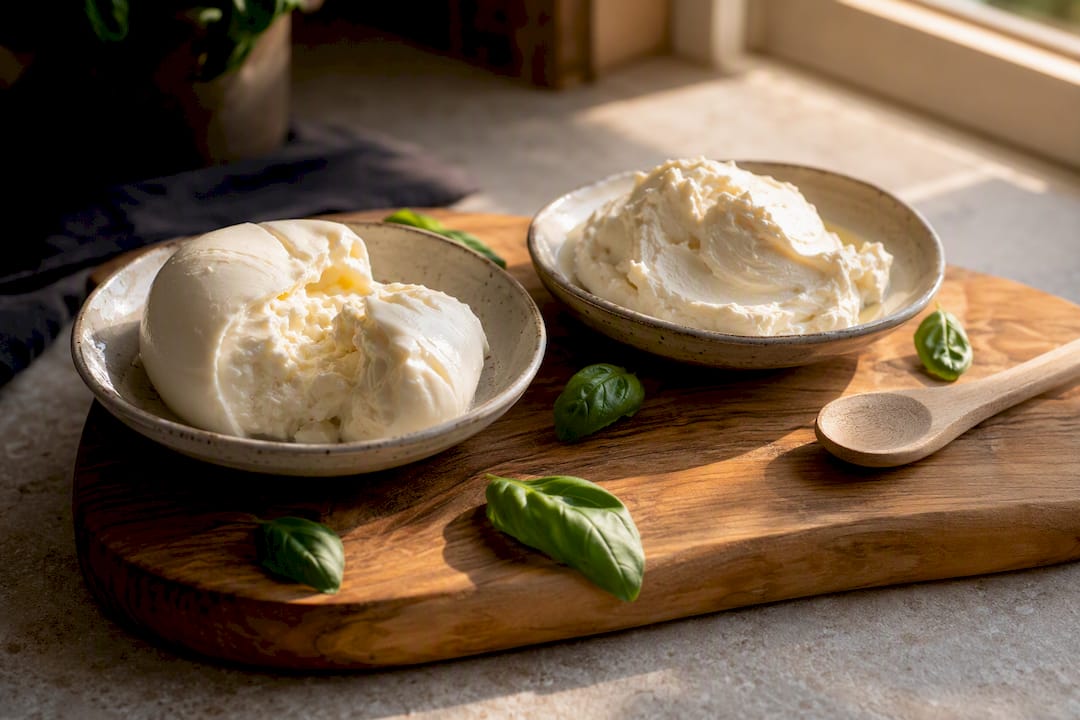 Burrata and mascarpone cheeses on wooden board