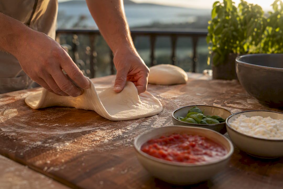 Hands stretching dough with pizza toppings ready